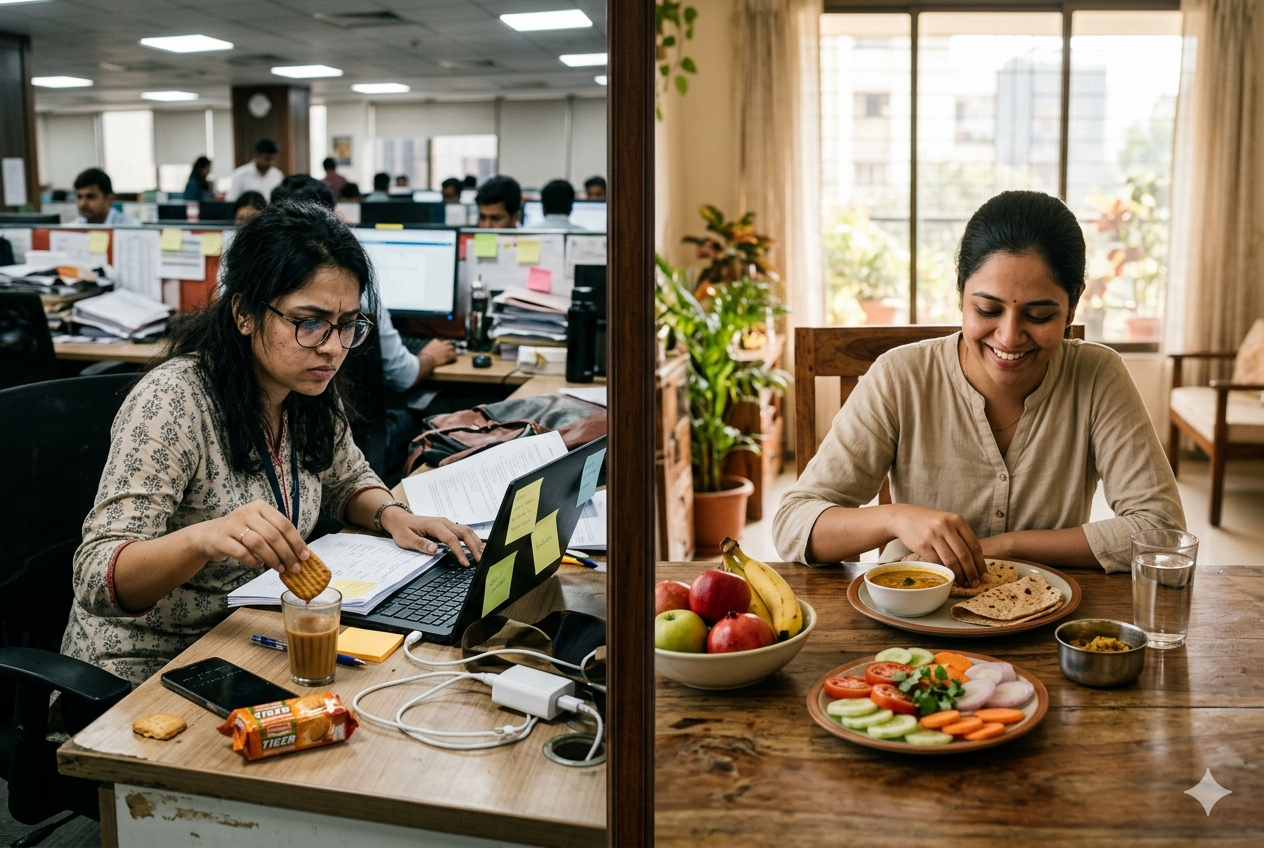 Busy Indian lifestyle showing unhealthy eating vs healthy food choices