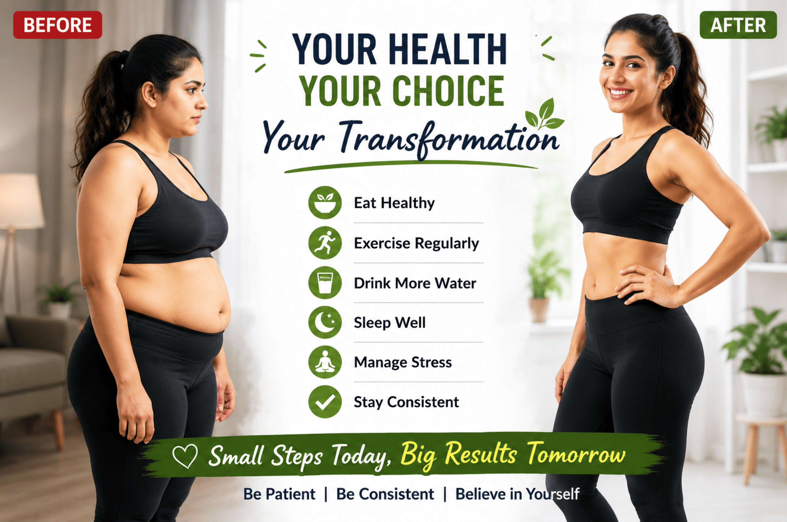 Before and after healthy body transformation showing natural belly fat loss