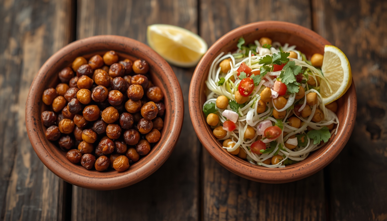 Bowl of roasted chana and bowl of fresh sprouts salad with lemon
