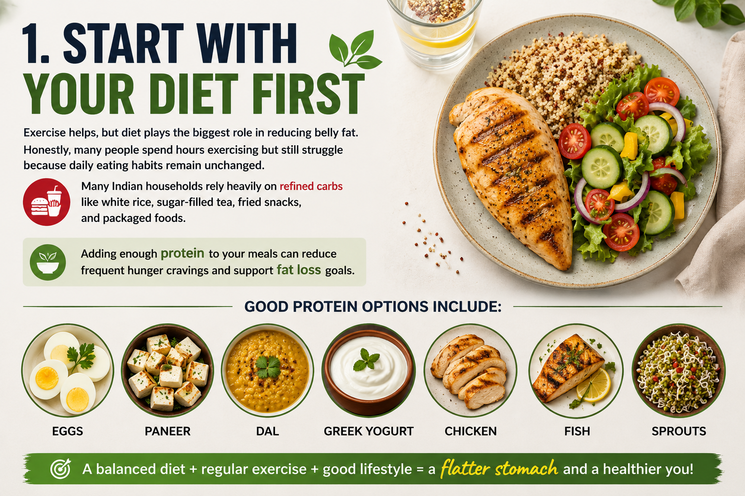 Protein-rich healthy foods like eggs, paneer, dal, chicken, fish, and sprouts for natural belly fat loss