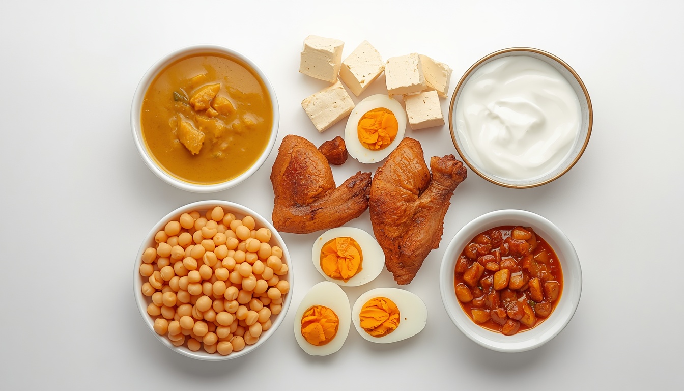 Indian protein rich foods like dal paneer eggs chicken and yogurt