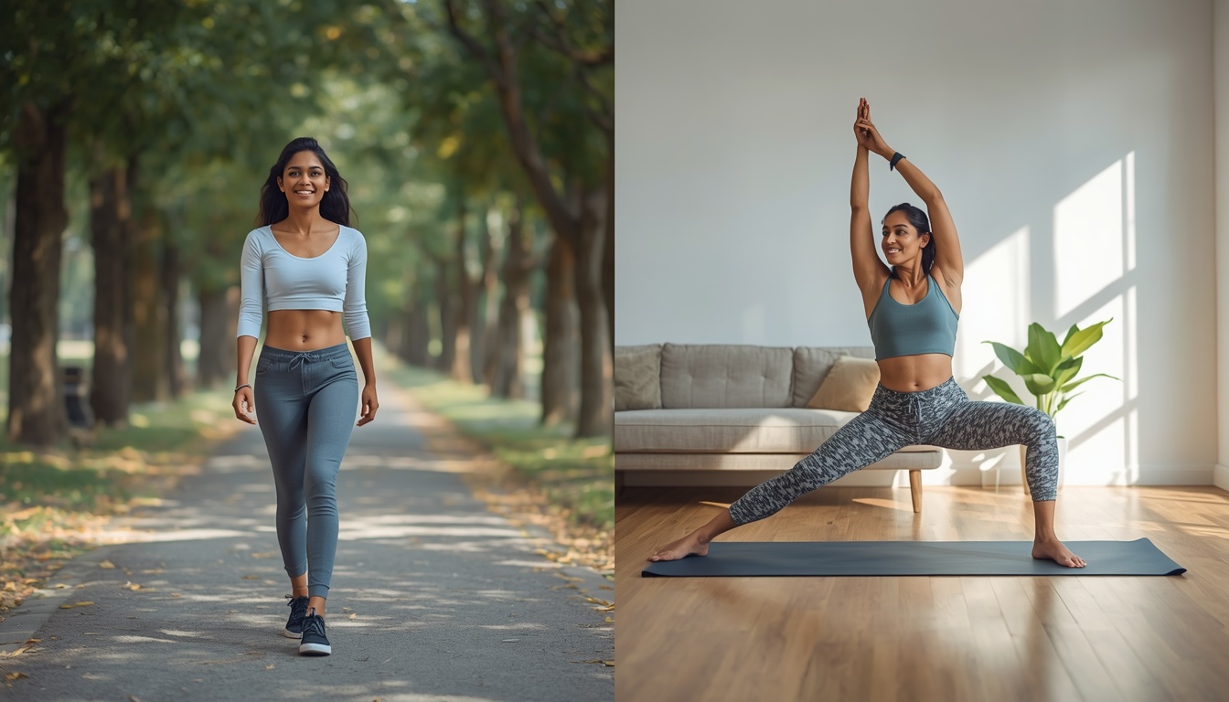 Indian woman walking in a park and doing basic stretching at home
