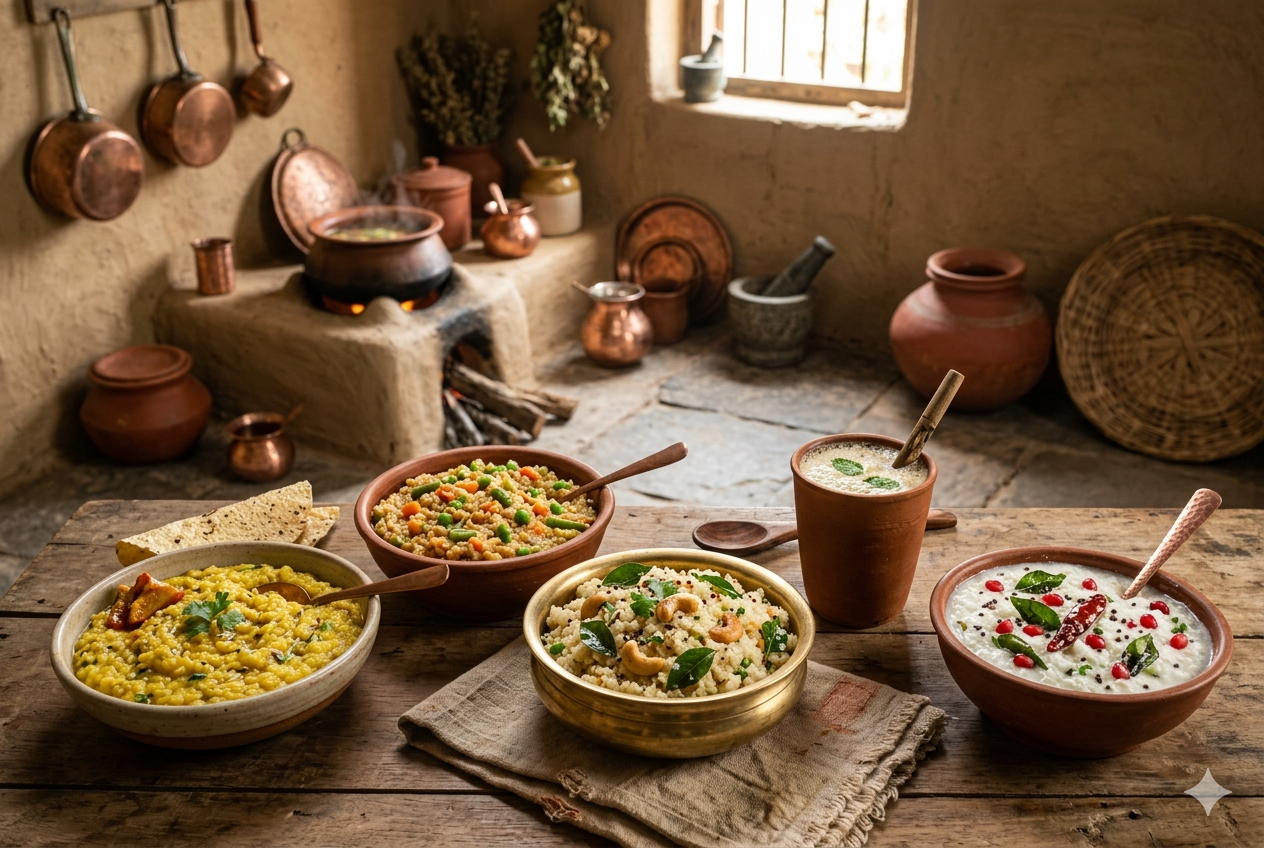 Traditional Indian healthy foods like khichdi daliya upma sattu