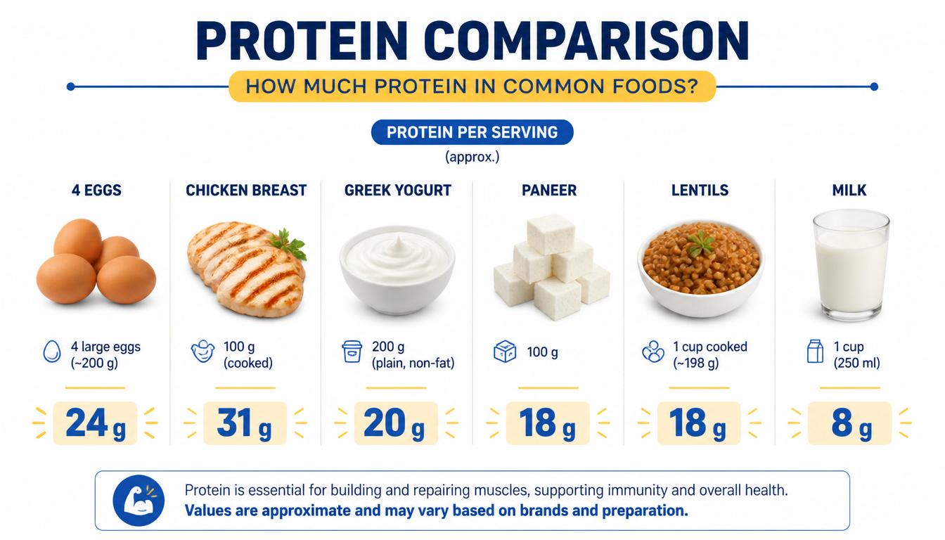Protein comparison of four eggs and other foods