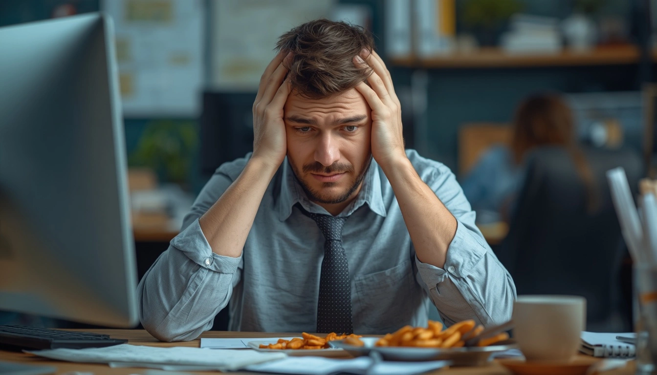 Busy professional experiencing weight gain due to stress and sedentary lifestyle