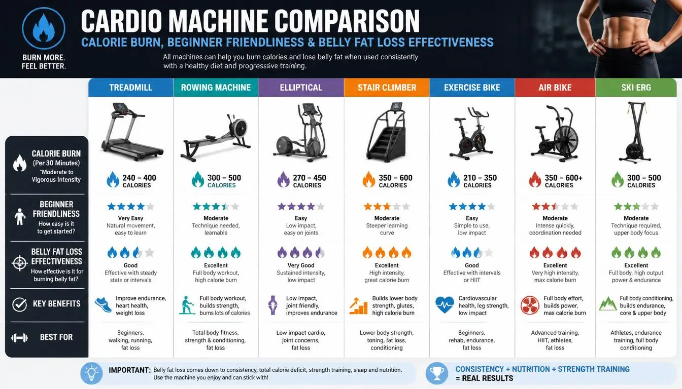 Comparison chart of the best exercise machines for belly fat loss