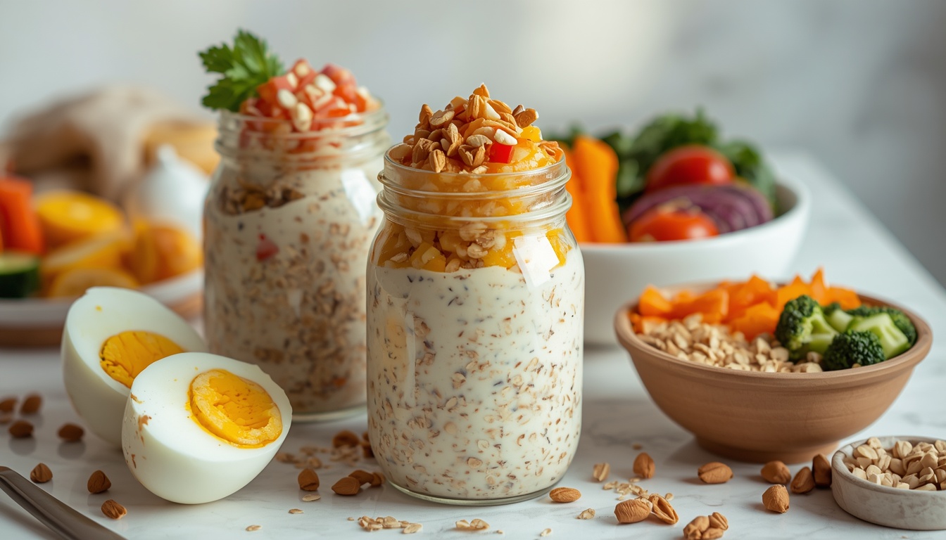 Overnight oats, boiled eggs and healthy lunch meal prep containers