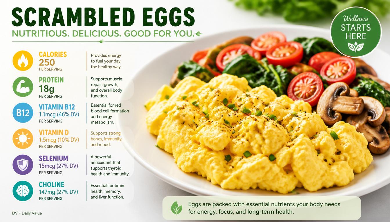 Nutrition infographic showing calories, protein, vitamins, and minerals in two scrambled eggs.