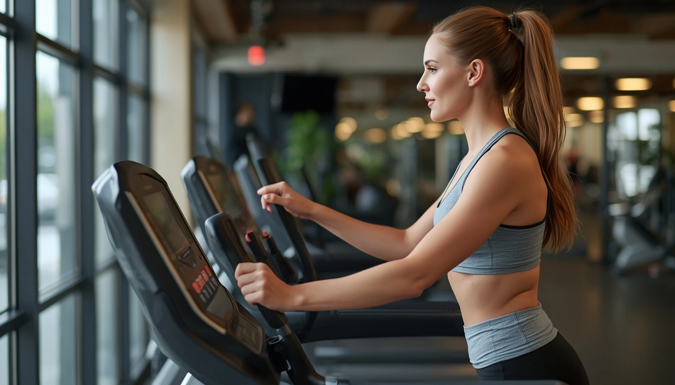 Woman exercising on elliptical trainer for belly fat reduction
