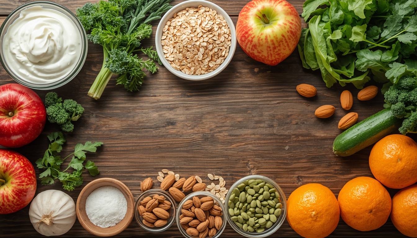 Gut healthy foods including yogurt fruits vegetables oats and nuts for healthy skin