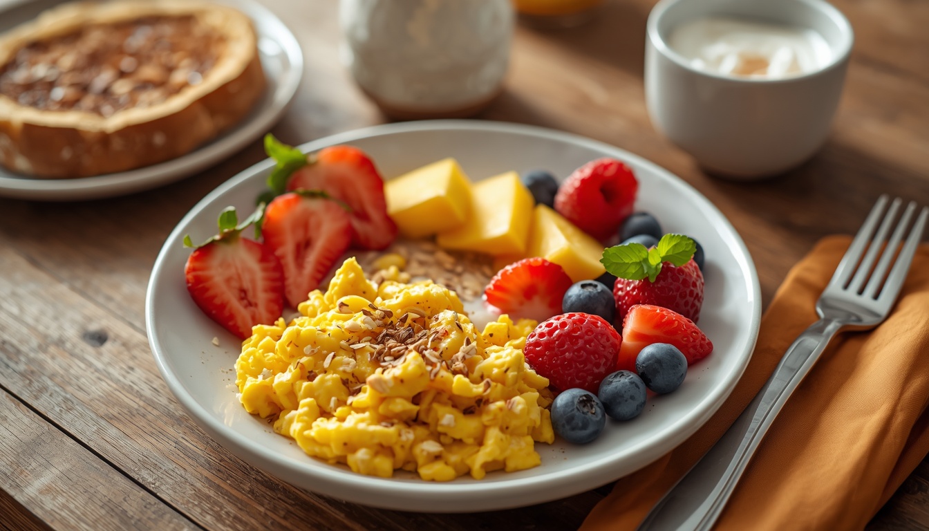 Balanced breakfast with scrambled eggs, toast, fruit, yogurt, and oats.