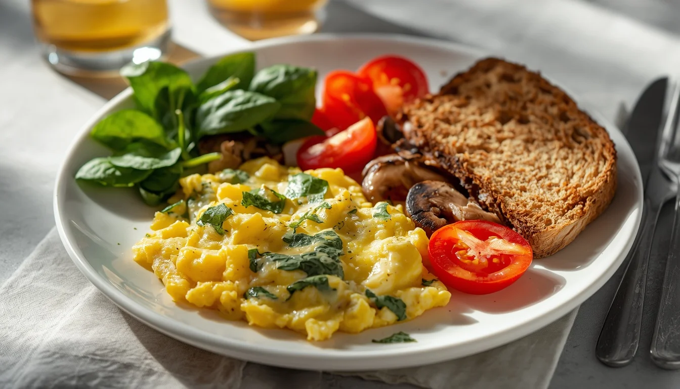 Scrambled eggs with vegetables and whole grain toast