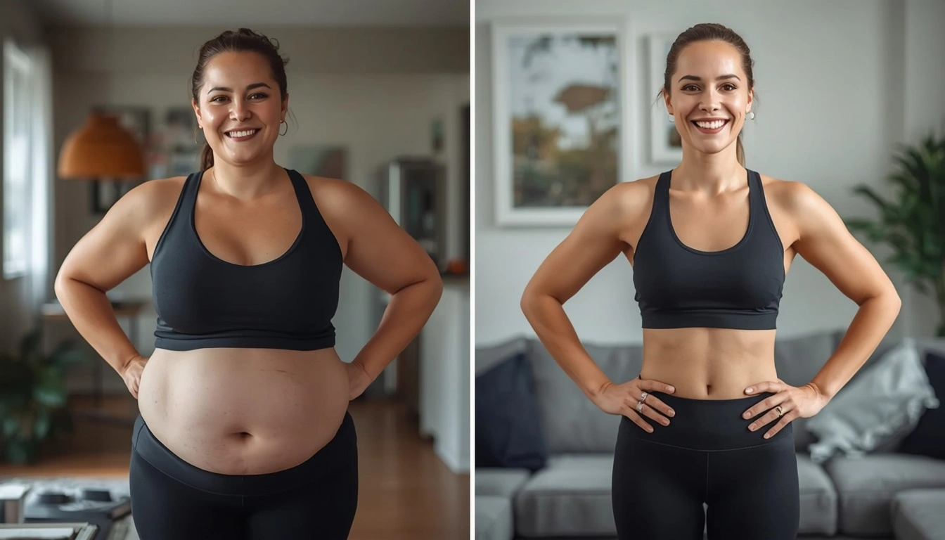 Person celebrating successful weight loss transformation at home