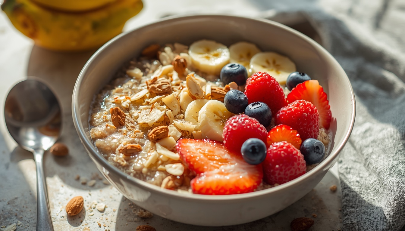Healthy bowl of oats with banana and nuts for sustained energy