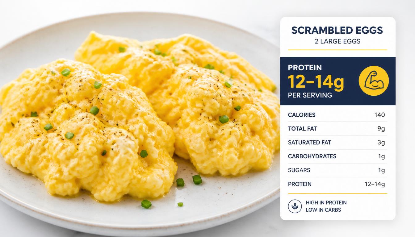Close-up of two scrambled eggs showing approximately 12–14 grams of protein.