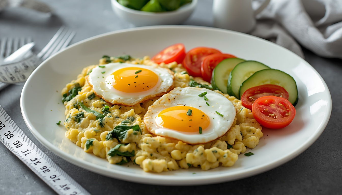 Healthy scrambled eggs with vegetables and a measuring tape representing weight loss nutrition.