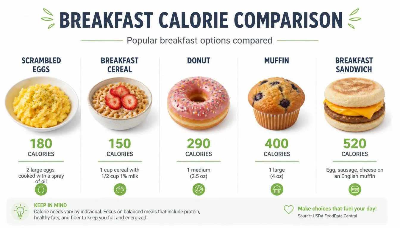 Calorie comparison between scrambled eggs cereal donut muffin and sandwich
