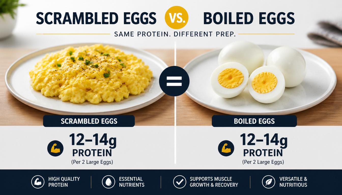 Side-by-side comparison of scrambled eggs and boiled eggs with protein content information.