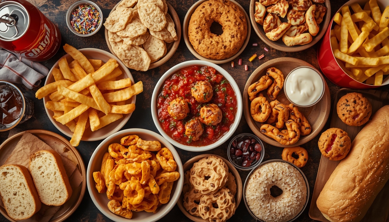 Sugary drinks, processed snacks, white bread and fried foods on a table