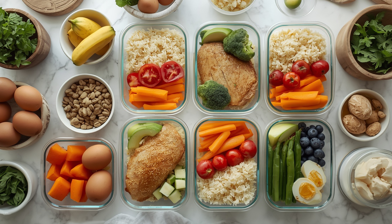Weekly meal prep ingredients arranged neatly on a kitchen counter