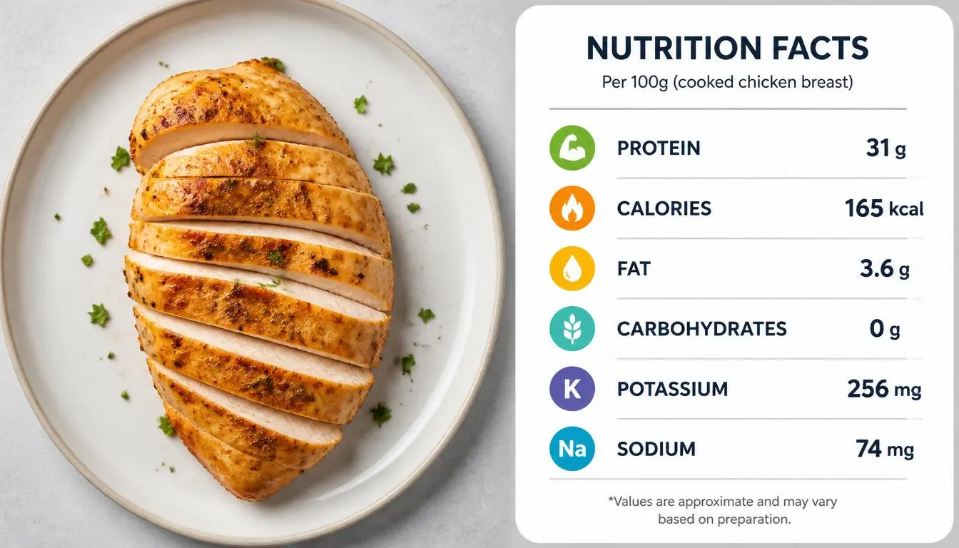 Nutrition facts of 100g cooked chicken breast