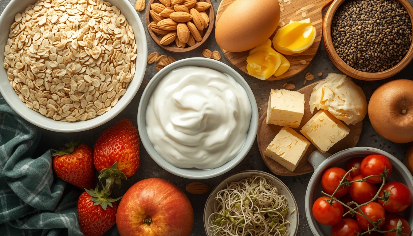 Nutrition rich breakfast foods with protein fiber and healthy fats