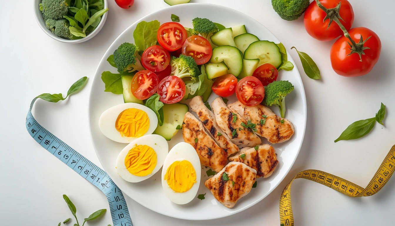 Healthy weight loss meal with boiled eggs, grilled chicken, and fresh vegetables