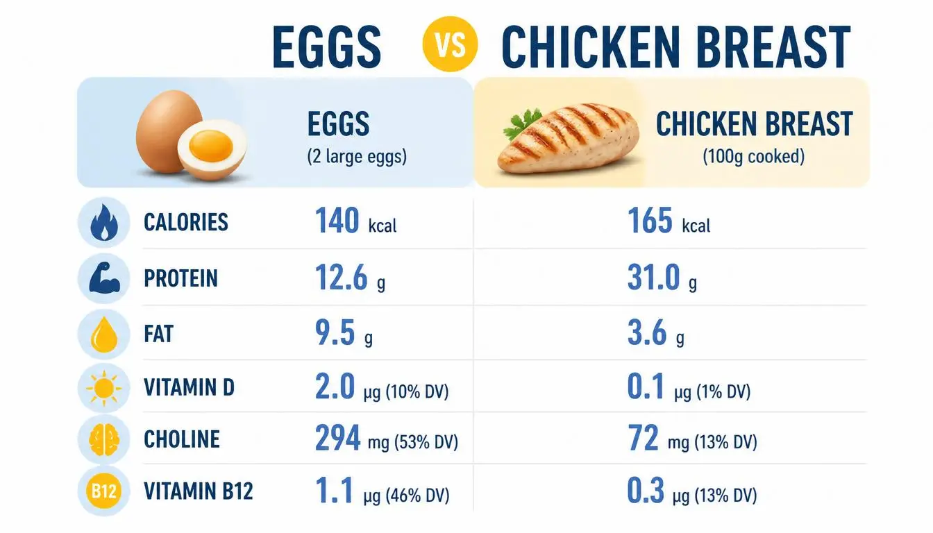 Egg vs chicken protein nutrition comparison chart showing calories, protein, fat, vitamin D, and choline