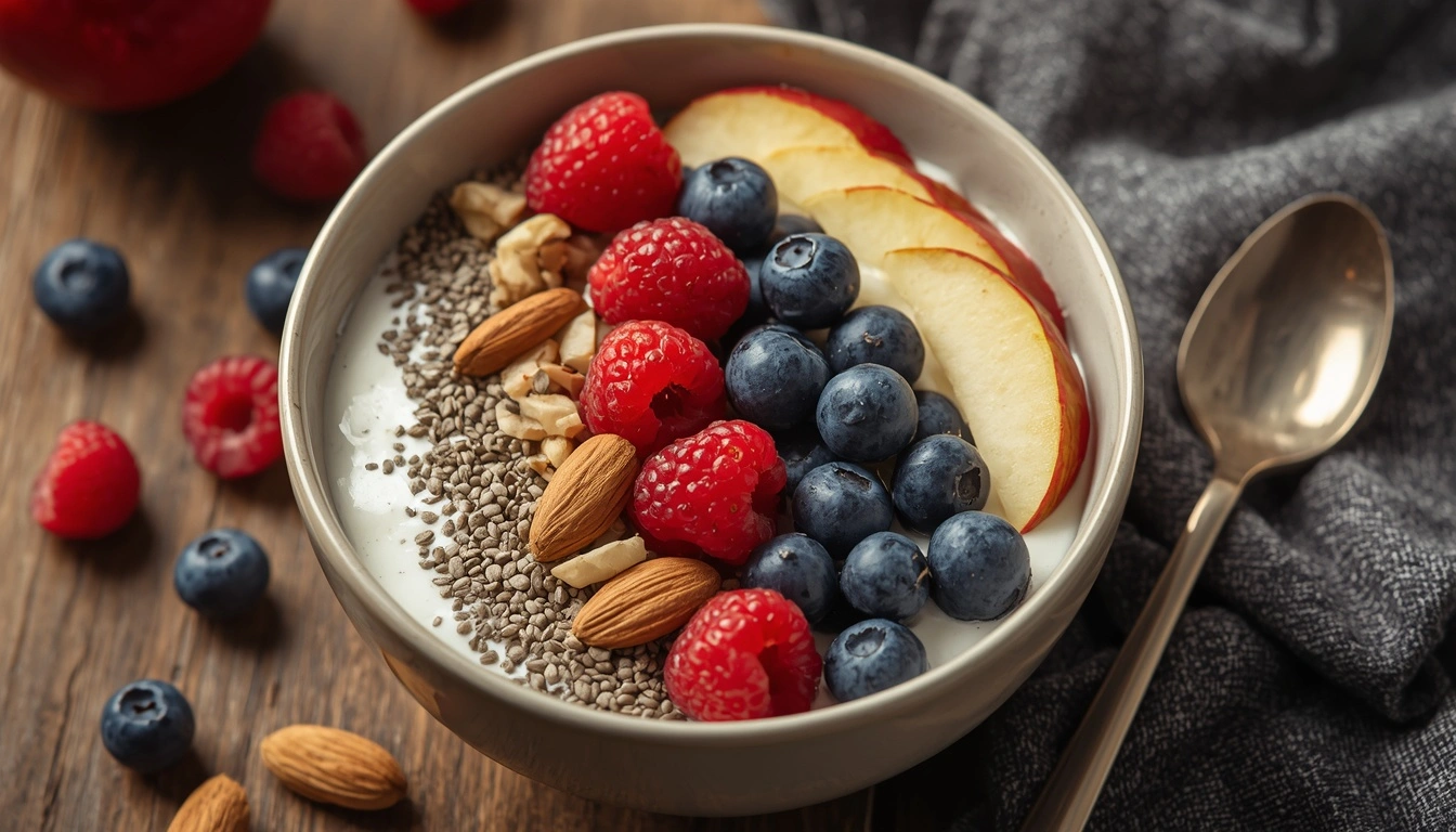 Greek yogurt bowl with fruits and chia seeds