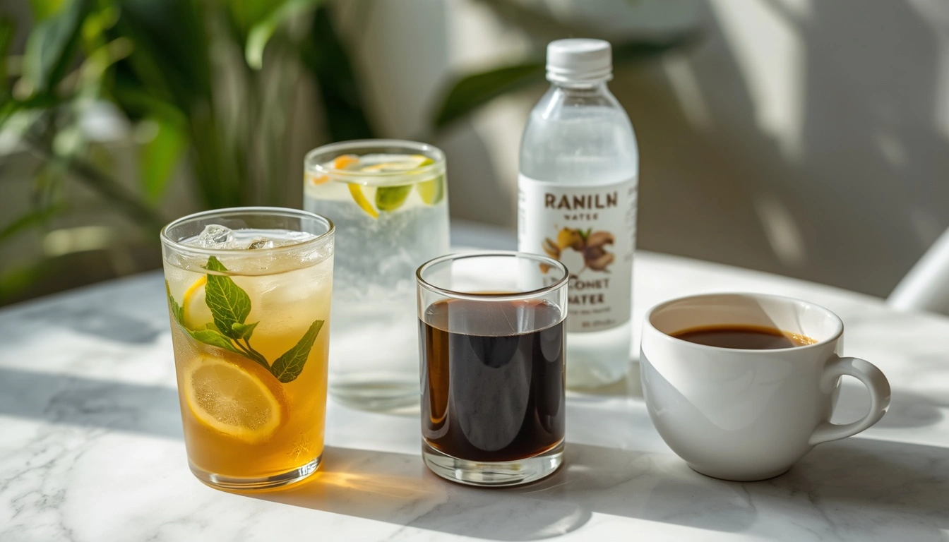 Healthy morning drinks including green tea black coffee and coconut water