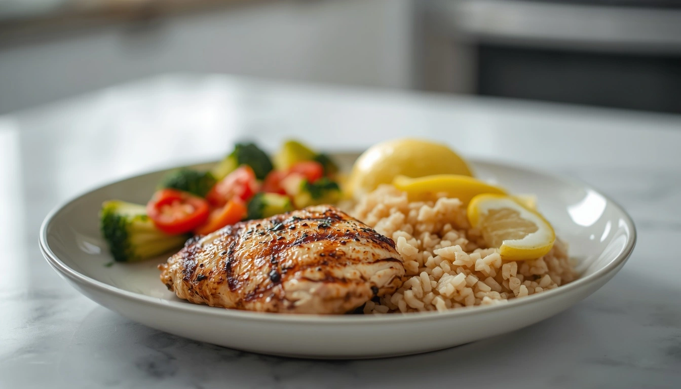 Healthy chicken breast meal with vegetables and rice