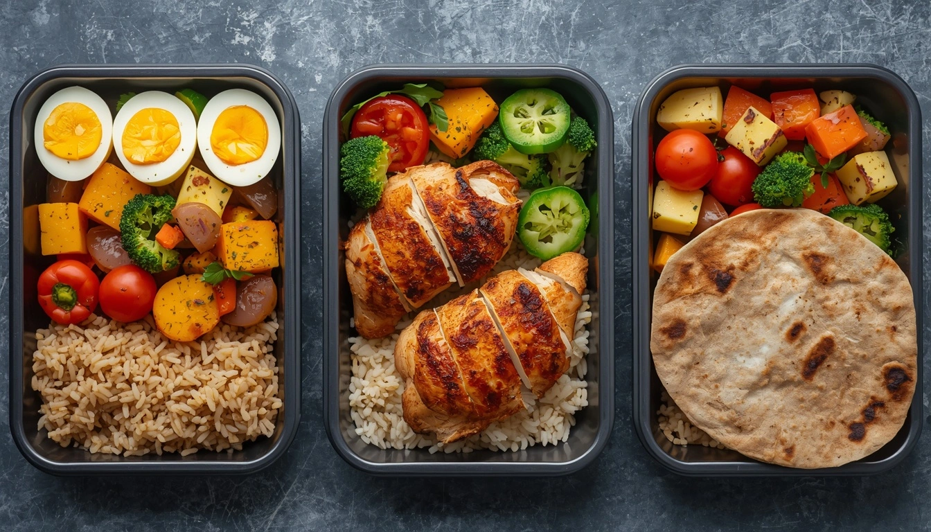 Healthy everyday meal with eggs, grilled chicken, vegetables, and whole grains