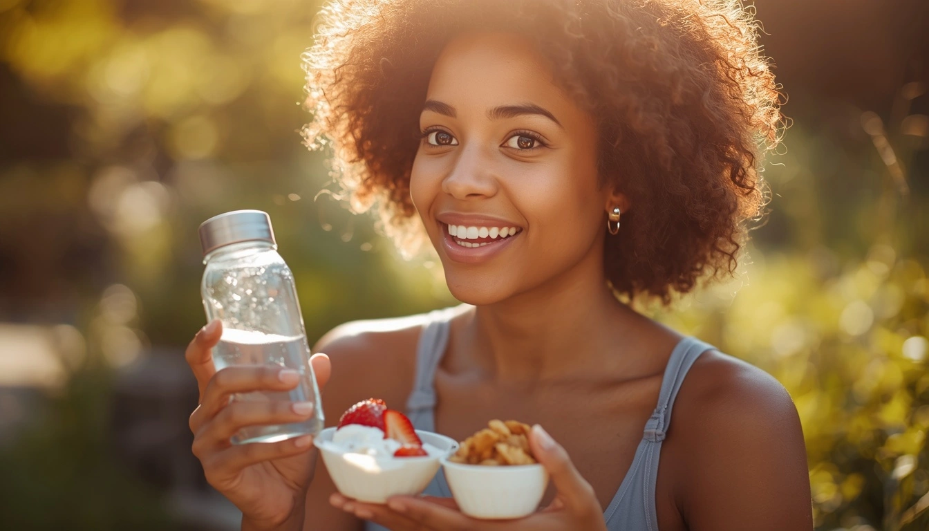 Person enjoying healthy snacks as part of a healthy lifestyle