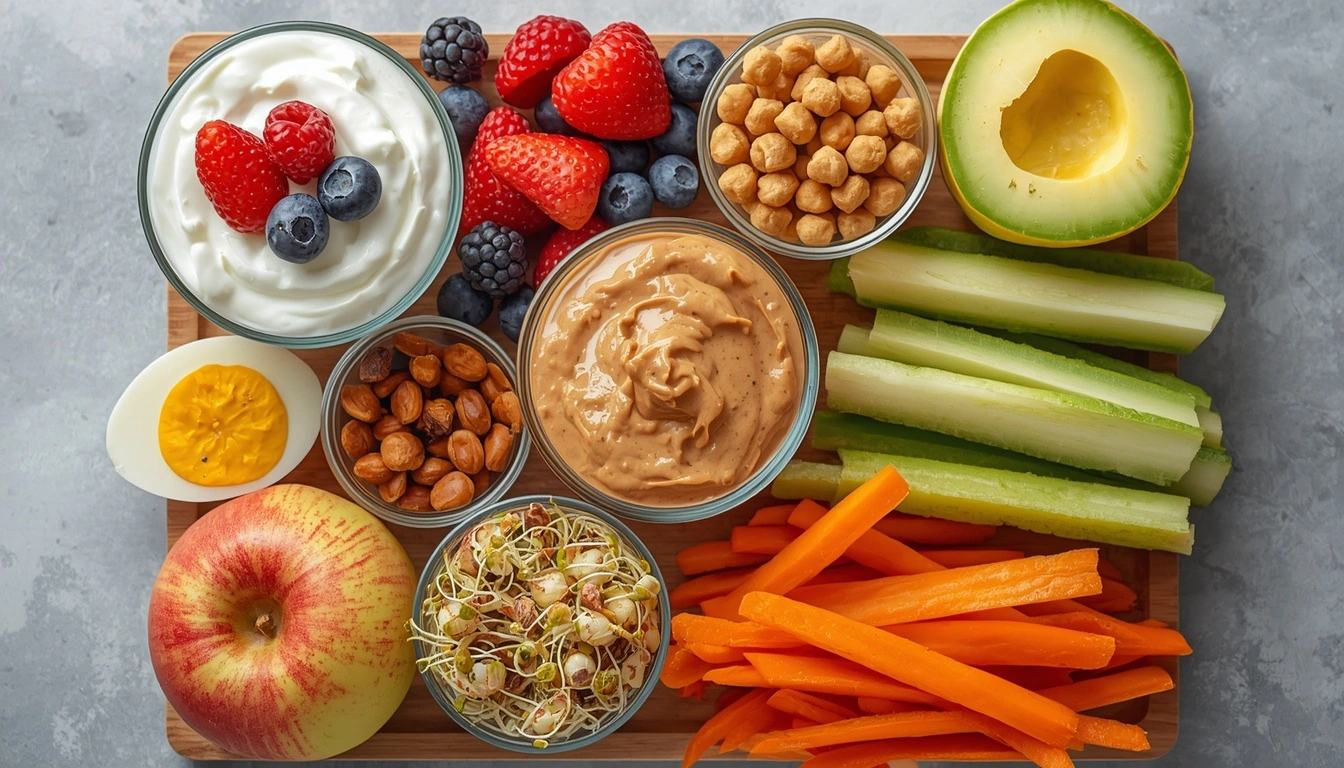 Healthy snack ideas including yogurt eggs fruits nuts and vegetables