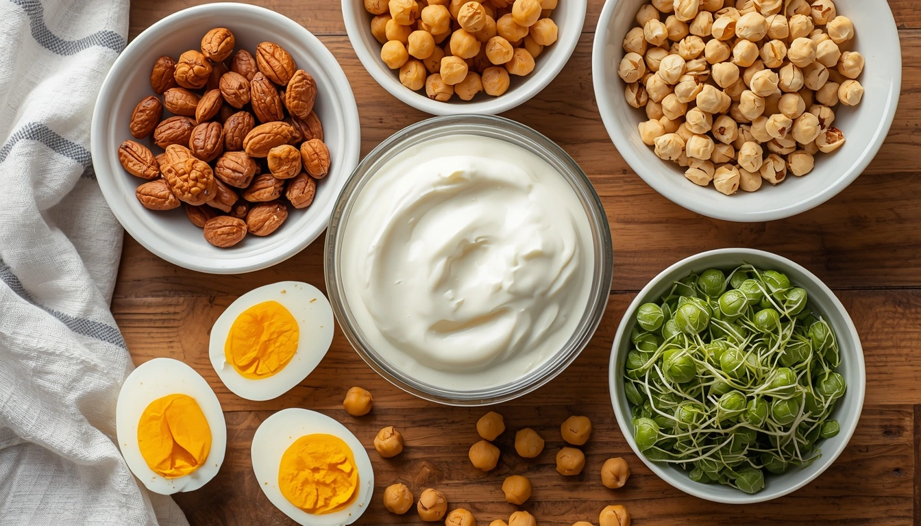 High protein snacks like eggs yogurt nuts and roasted chickpeas for weight loss