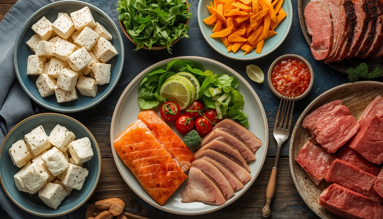 Tofu salmon tuna turkey and lean beef protein foods