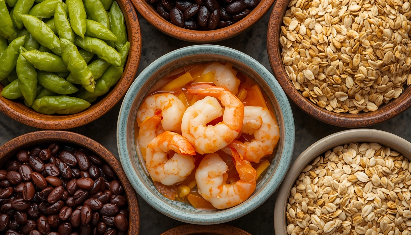 Edamame shrimp pumpkin seeds black beans and oats