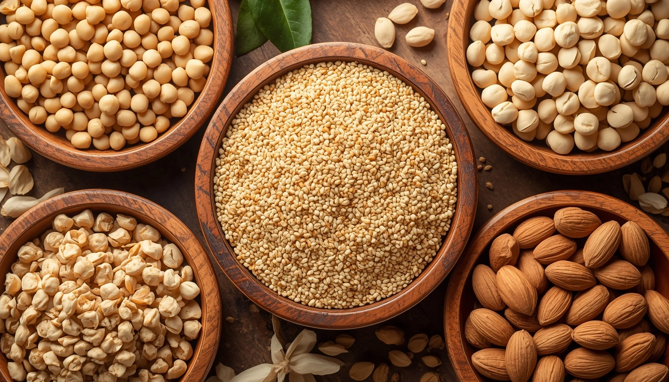Soybeans chickpeas quinoa almonds and peanuts