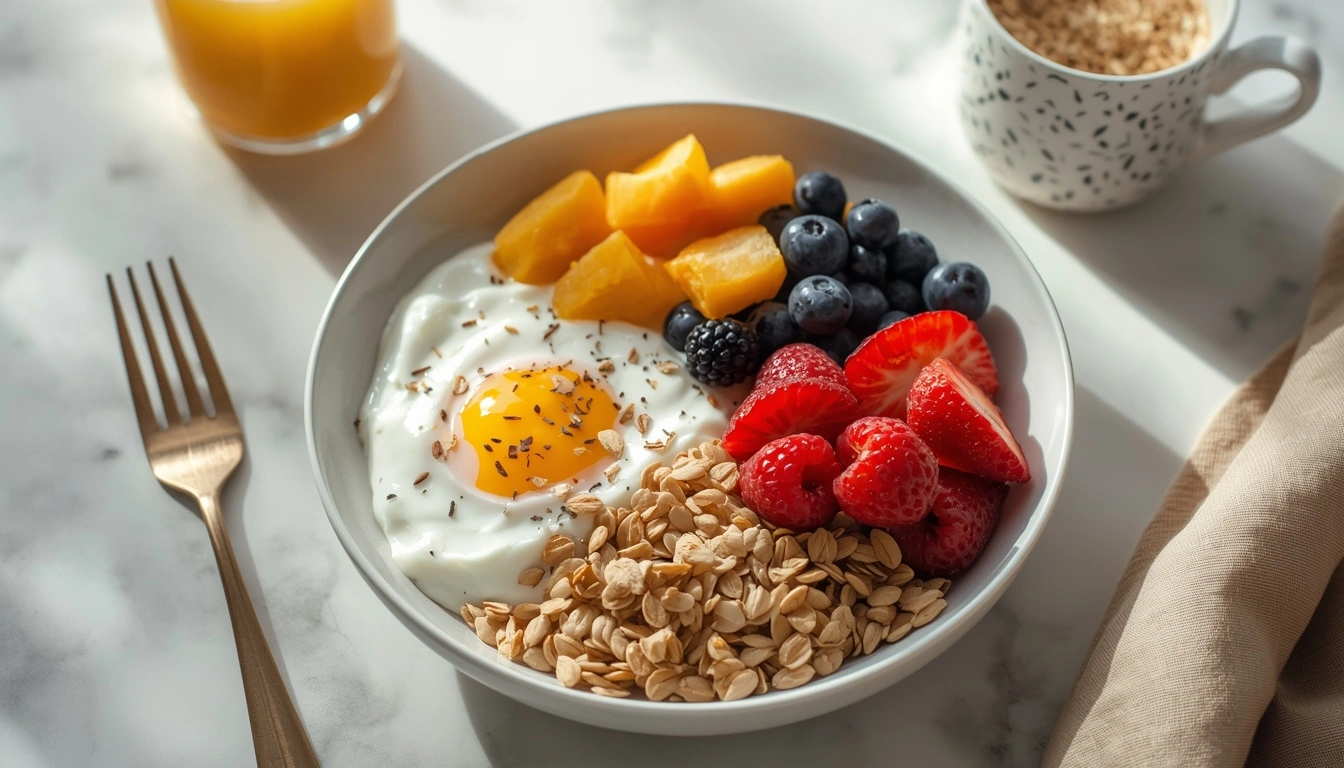 High-protein breakfast ideas with eggs, Greek yogurt, oats, seeds, and fruit