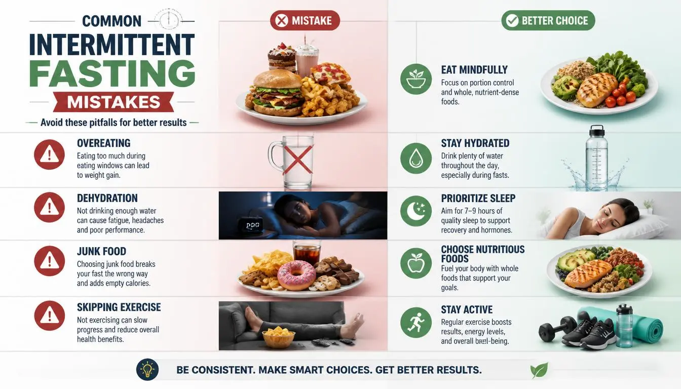 Common intermittent fasting mistakes like overeating, dehydration and poor sleep