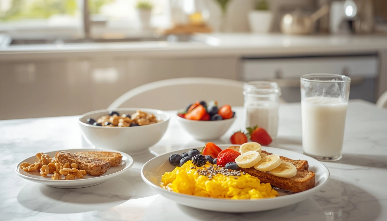 Healthy pregnancy breakfast ideas with eggs, oatmeal, yogurt and fruit