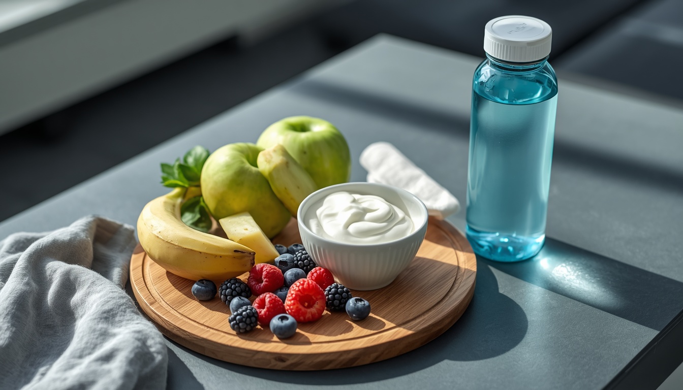 Healthy snack bar served with yogurt and fresh fruits for weight loss and healthy snacking.