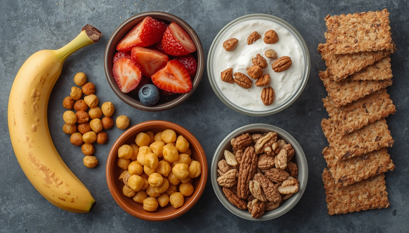 Healthy snacks for pregnancy cravings including fruit, yogurt, makhana and roasted chickpeas