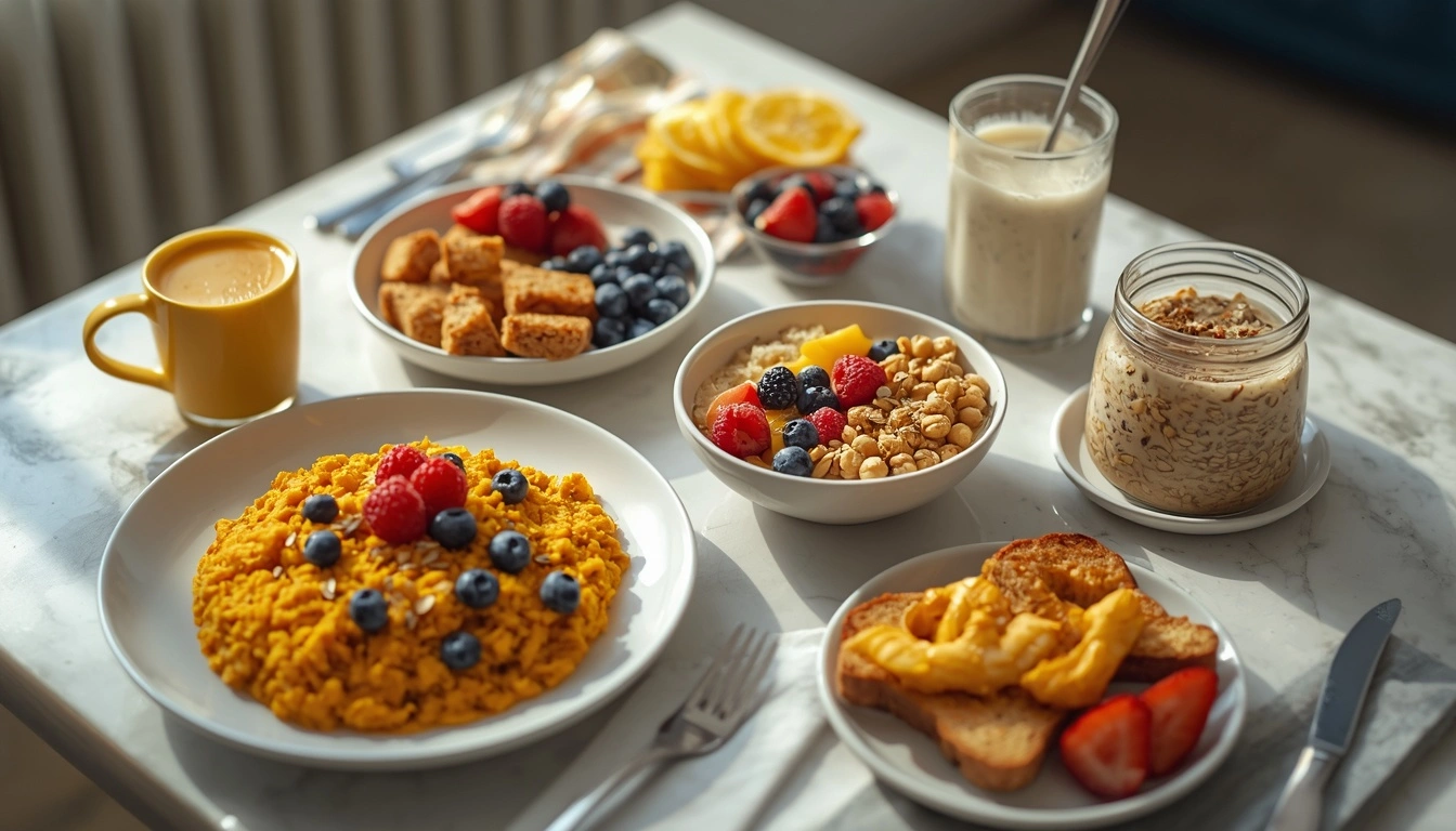 High-protein vegan breakfast with tofu, chickpeas, soy yogurt, oats, and fruit