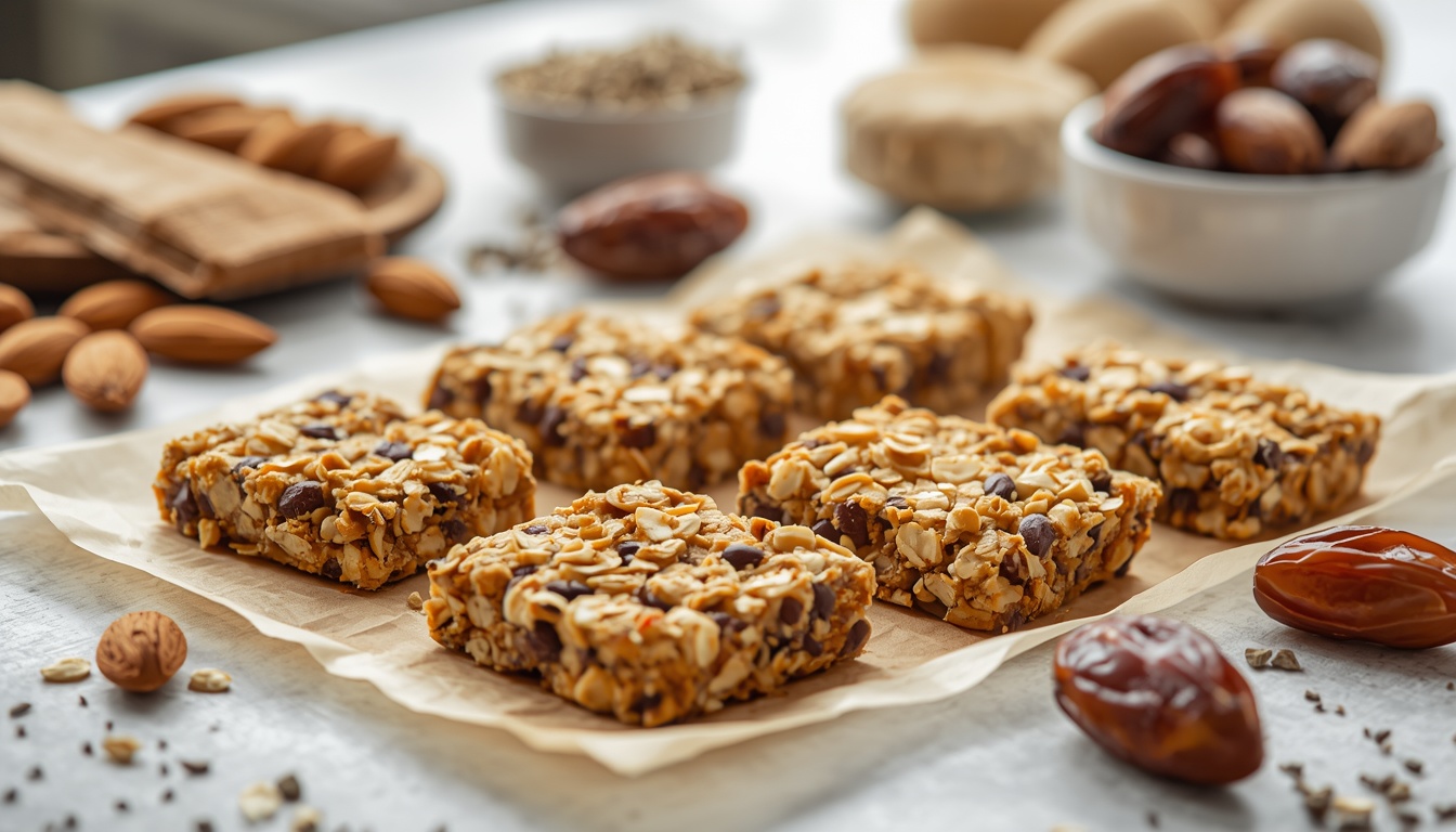 Homemade healthy snack bars prepared with oats, peanut butter, nuts, seeds, and dates.