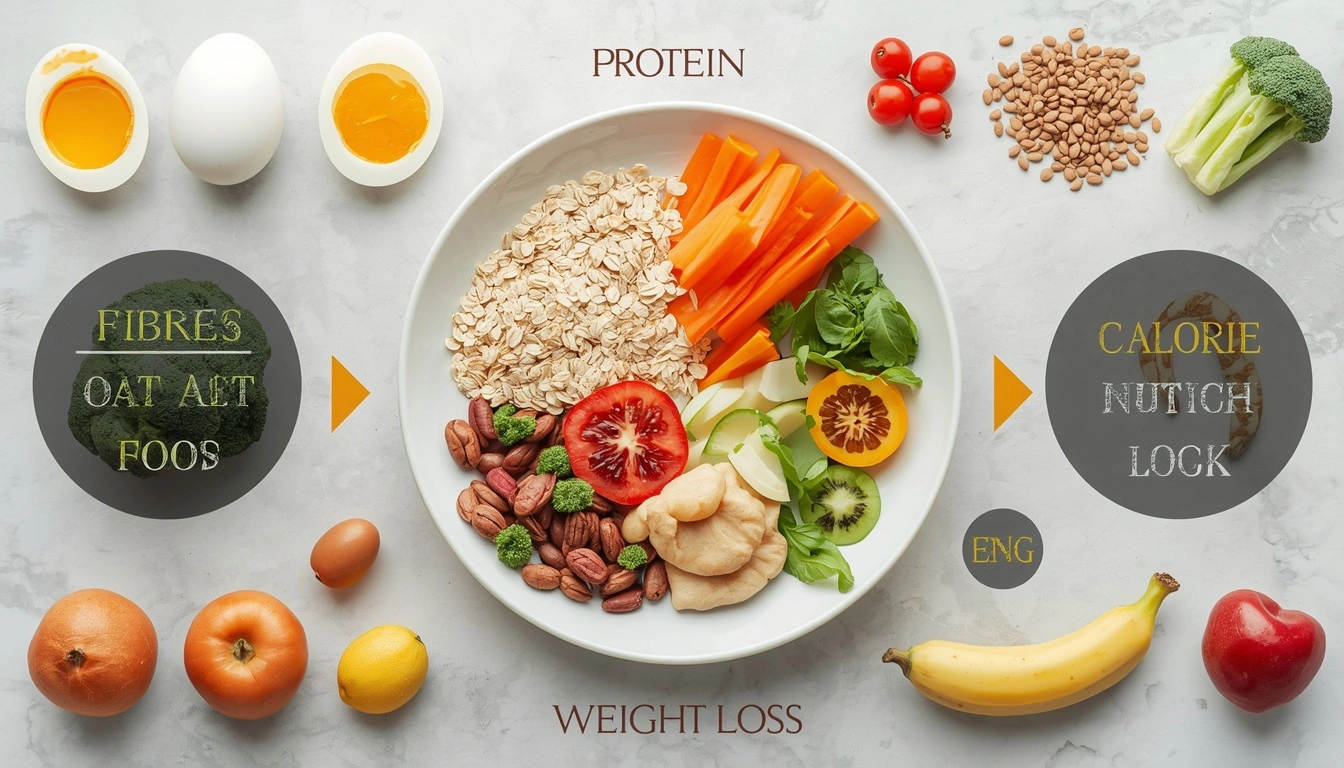 Protein and fiber-rich foods helping with fullness muscle maintenance and healthy weight loss