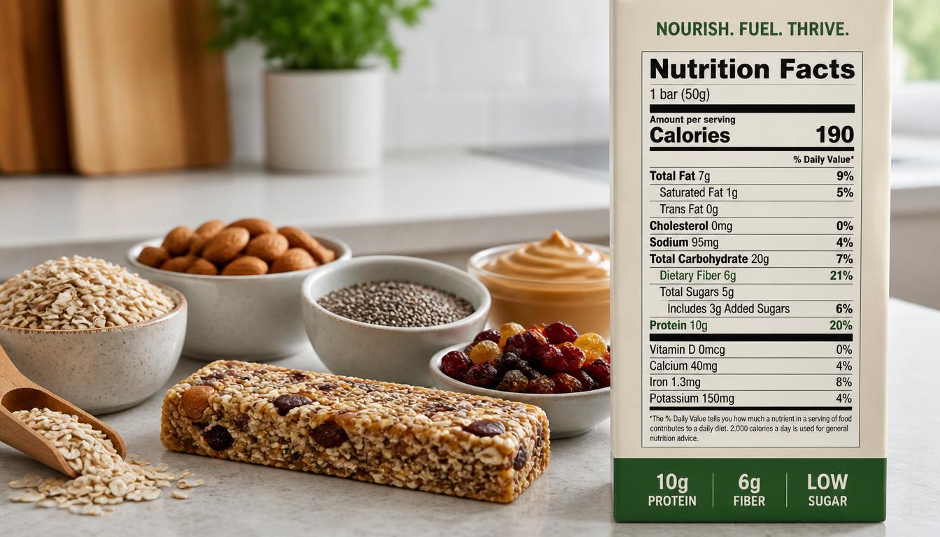 Healthy snack bar nutrition label showing protein, fiber, and low sugar ingredients.