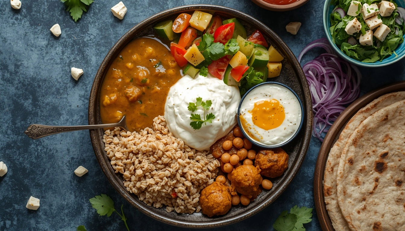 Healthy Indian foods including dal vegetables paneer curd and chickpeas for weight loss