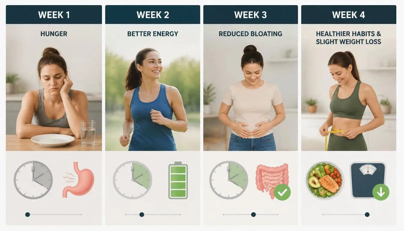 Week 1 to Week 4 intermittent fasting progress timeline showing gradual improvements