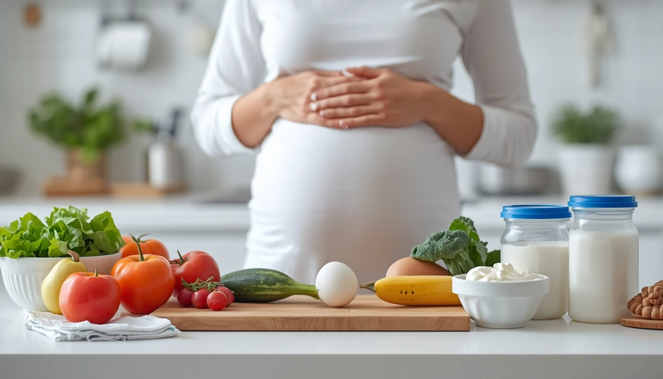 Safe pregnancy snack preparation with cooked eggs, washed fruit and pasteurized dairy